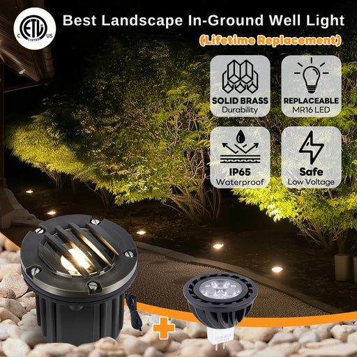 Gardenreet Brass In-ground Well Lights, Low Voltage IP65 Waterproof 12V LED Outdoor Landscape Lighting(Grated Top 2202B) - Sweatfully