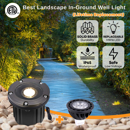 Gardenreet Brass In-ground Well Lights, Low Voltage IP65 Waterproof 12V LED Outdoor Landscape Lighting(Open Top 2202A) - Sweatfully