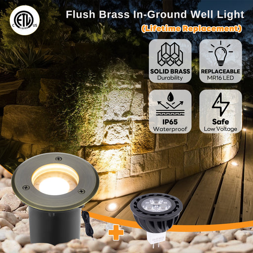 Brass In-ground Well Lights, Low Voltage IP65 Waterproof 12V LED Outdoor Landscape Lighting (Small 2206A) - Sweatfully