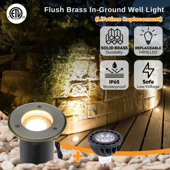 Brass In-ground Well Lights, Low Voltage IP65 Waterproof 12V LED Outdoor Landscape Lighting (Small 2206A) - Sweatfully