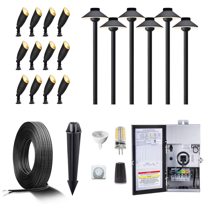 Gardenreet Brass Landscape Lighting Kit (6/8/12 Spotlights, 2/4/6 Path Lights) With 12V Transformer and Mechanical Timer and Cable and Wire Connectors for Outdoor Garden Patio Driveway (2105+2401) - Sweatfully
