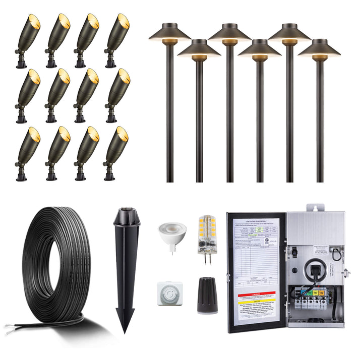 Gardenreet Brass Landscape Lighting Kit (6/8/12 Spotlights, 2/4/6 Path Lights) With 12V Transformer and Mechanical Timer and Cable and Wire Connectors for Outdoor Garden Patio Driveway (2105+2401) - Sweatfully