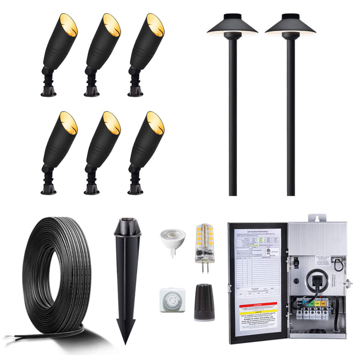 Gardenreet Brass Landscape Lighting Kit (6/8/12 Spotlights, 2/4/6 Path Lights) With 12V Transformer and Mechanical Timer and Cable and Wire Connectors for Outdoor Garden Patio Driveway (2105+2401) - Sweatfully