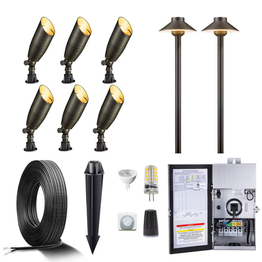 Gardenreet Brass Landscape Lighting Kit (6/8/12 Spotlights, 2/4/6 Path Lights) With 12V Transformer and Mechanical Timer and Cable and Wire Connectors for Outdoor Garden Patio Driveway (2105+2401) - Sweatfully