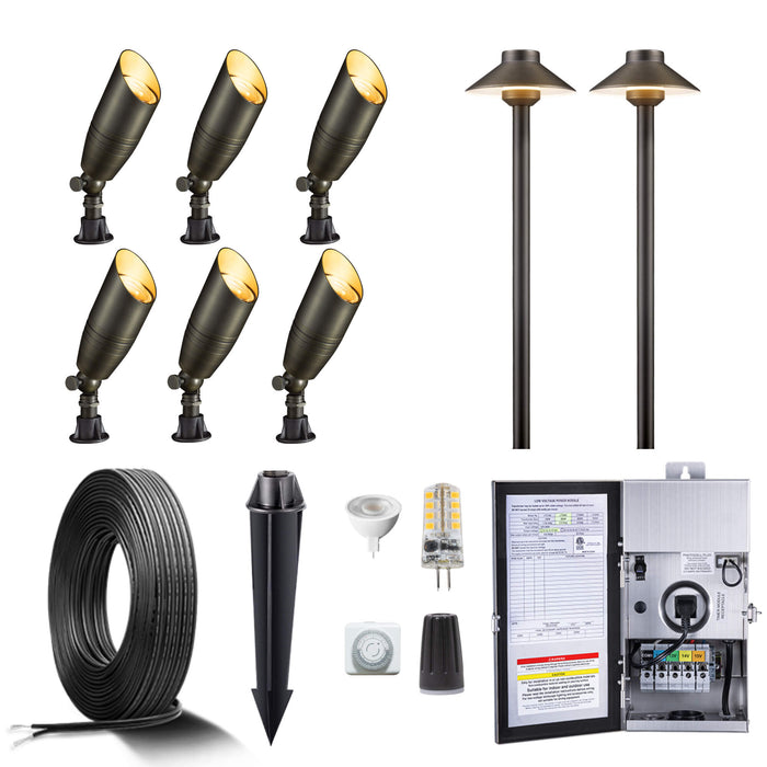 Gardenreet Brass Landscape Lighting Kit (6/8/12 Spotlights, 2/4/6 Path Lights) With 12V Transformer and Mechanical Timer and Cable and Wire Connectors for Outdoor Garden Patio Driveway (2105+2401) - Sweatfully