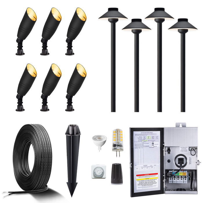 Gardenreet Brass Landscape Lighting Kit (6/8/12 Spotlights, 2/4/6 Path Lights) With 12V Transformer and Mechanical Timer and Cable and Wire Connectors for Outdoor Garden Patio Driveway (2105+2401) - Sweatfully