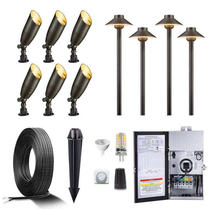 Gardenreet Brass Landscape Lighting Kit (6/8/12 Spotlights, 2/4/6 Path Lights) With 12V Transformer and Mechanical Timer and Cable and Wire Connectors for Outdoor Garden Patio Driveway (2105+2401) - Sweatfully