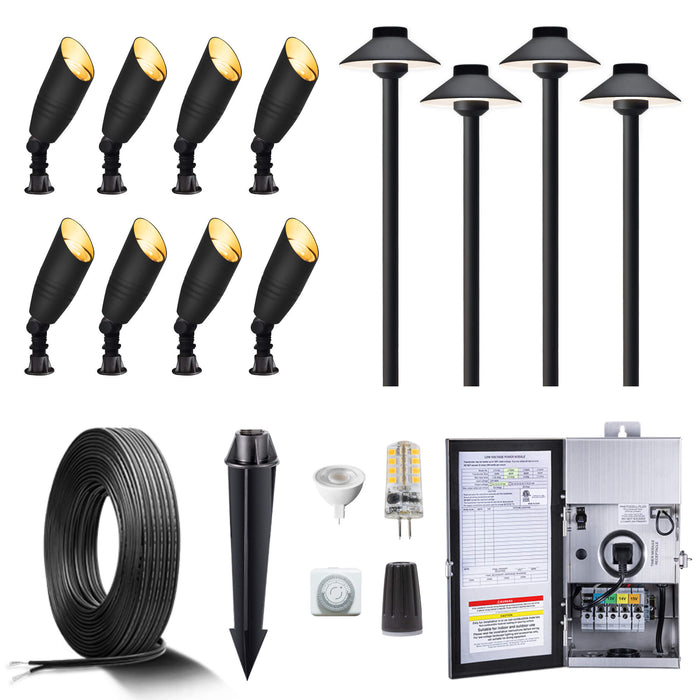 Gardenreet Brass Landscape Lighting Kit (6/8/12 Spotlights, 2/4/6 Path Lights) With 12V Transformer and Mechanical Timer and Cable and Wire Connectors for Outdoor Garden Patio Driveway (2105+2401) - Sweatfully