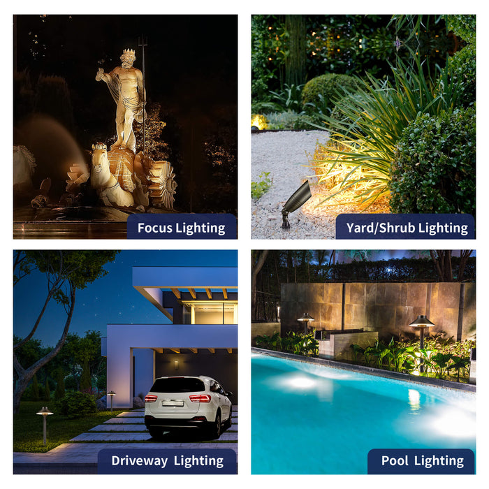 Gardenreet Brass Landscape Lighting Kit (6/8/12 Spotlights, 2/4/6 Path Lights) With 12V Transformer and Mechanical Timer and Cable and Wire Connectors for Outdoor Garden Patio Driveway (2105+2401) - Sweatfully