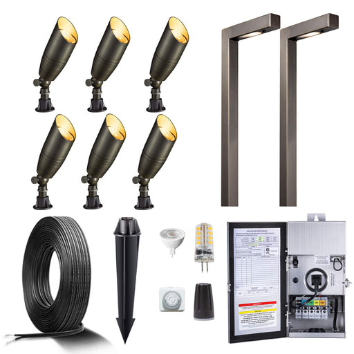 Gardenreet Brass LED Landscape Lighting Kit (6/8/12 Spotlights, 2/4/6 Path Lights) With Low Voltage Transformer and Mechanical Timer and Cable and Wire Connectors for Outdoor Yard Patio Pathway (2105+2404) - Sweatfully