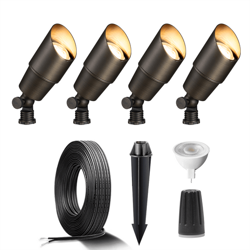Gardenreet Brass Landscape Lighting Kit (4/6 Pack Spotlights) with Cable and Wire Connectors for Outdoor House Garden Patio Without Low Voltage Transformer - Sweatfully