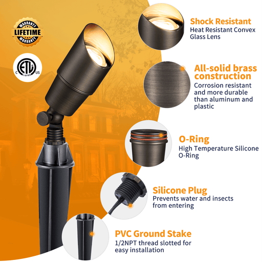 Gardenreet Brass Landscape Lighting Kit (6/8/12 Spotlights, 2/4/6 Path Lights) With Low Voltage Transformer and Mechanical Timer and Cable and Wire Connectors for Outdoor Tree Patio Sideway (2101+2404) - Sweatfully