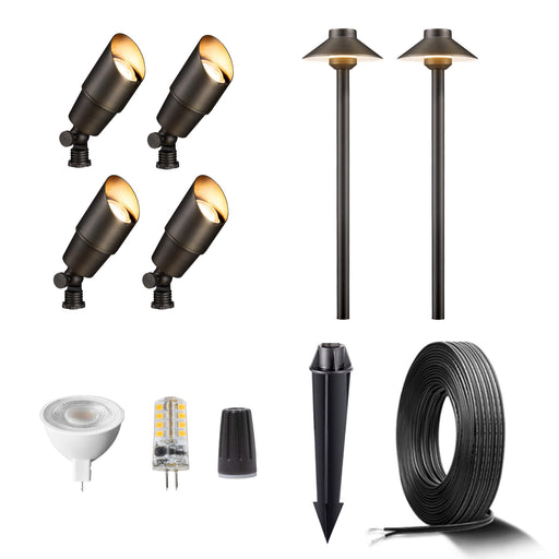 Gardenreet Brass Landscape Lighting Kit (4/6 Spotlights, 2 Path Lights) with Cable and Wire Connectors for Outdoor House Garden Pathway Without Low Voltage Transformer - Sweatfully