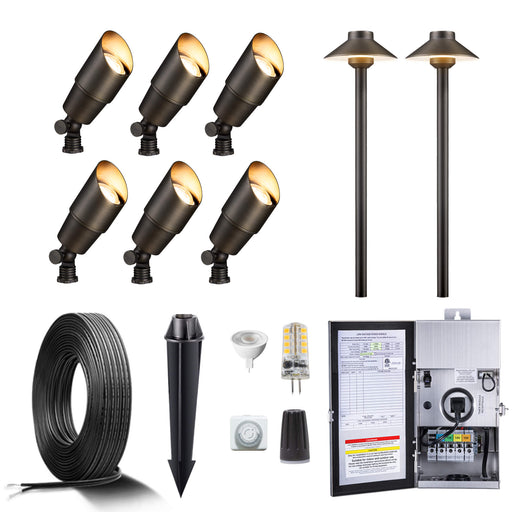 Gardenreet Brass Landscape Lighting Kit (6/8/12 Spotlights, 2/4/6 Path Lights) With Low Voltage Transformer and Mechanical Timer and Cable and Wire Connectors for Outdoor House Patio Walkway (2101+2401) - Sweatfully