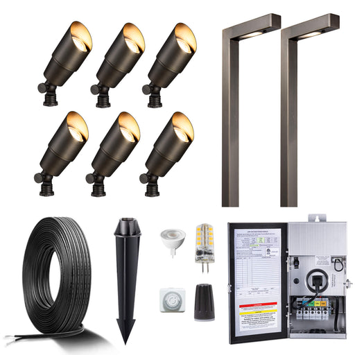 Gardenreet Brass Landscape Lighting Kit (6/8/12 Spotlights, 2/4/6 Path Lights) With Low Voltage Transformer and Mechanical Timer and Cable and Wire Connectors for Outdoor Tree Patio Sideway (2101+2404) - Sweatfully