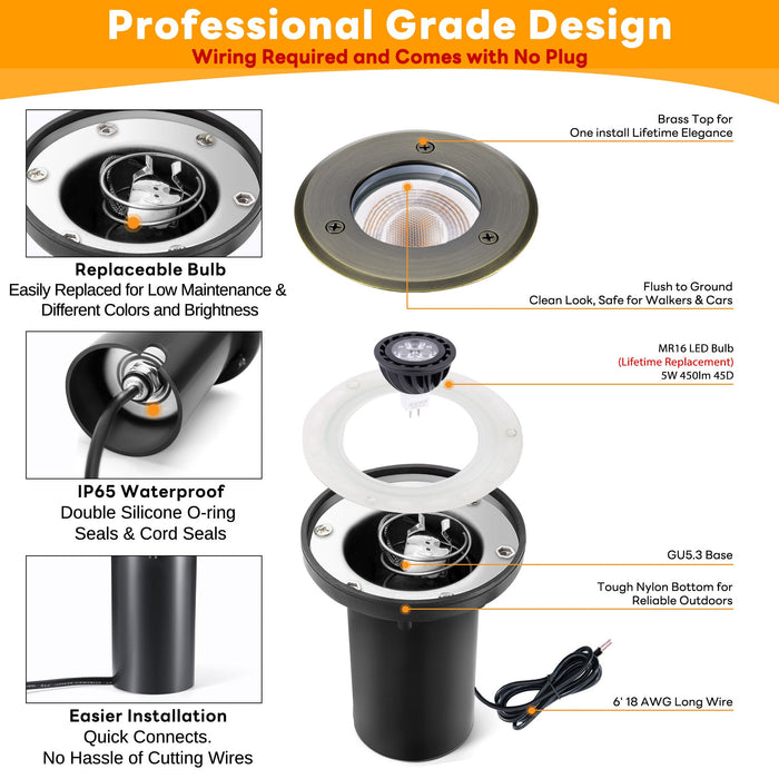 Brass In-ground Well Lights, Low Voltage IP65 Waterproof 12V LED Outdoor Landscape Lighting (Small 2206A) - Sweatfully