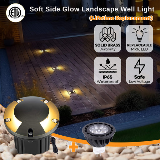 Gardenreet Brass In-ground Well Lights, Low Voltage IP65 Waterproof 12V LED Outdoor Landscape Lighting(Two-Direction Turret 2204B) - Sweatfully
