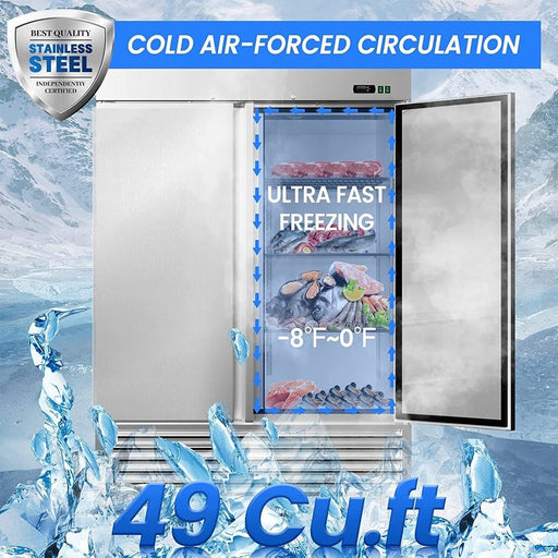Large 49 Cu.Ft. Two Door Stainless Steel Commercial Industrial Restaurant Freezer, 54" (SAK57246) - Sweatfully