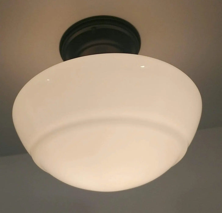 Large Mushroom Milk Glass Schoolhouse Light Fixture - Sweatfully