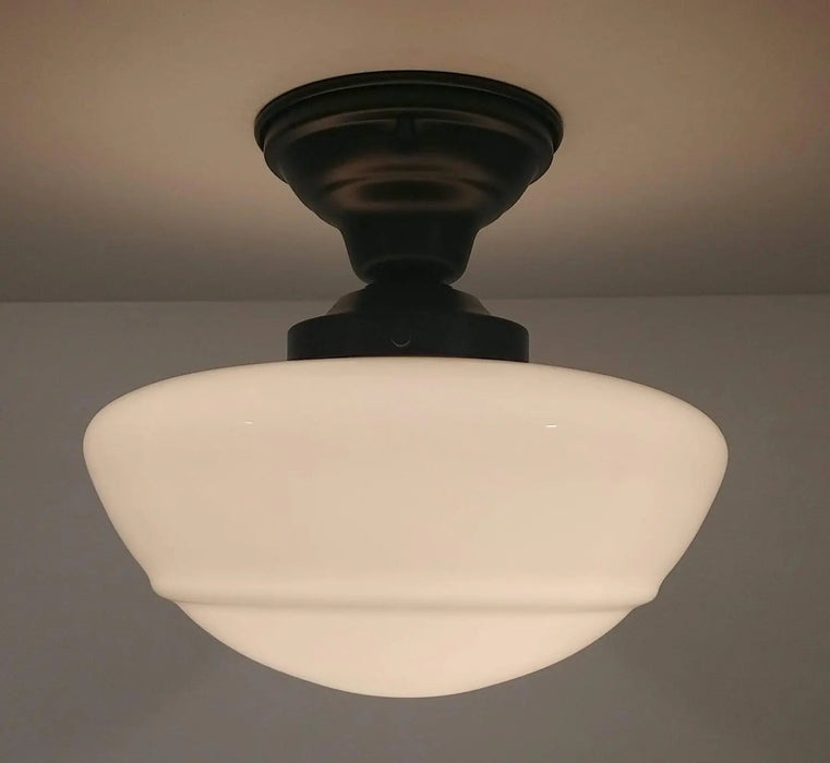 Large Mushroom Milk Glass Schoolhouse Light Fixture - Sweatfully