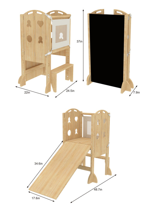 Laurel 4-in-1 Foldable Kitchen Tower, Step Stool, Slide & Chalkboard for Toddlers - Sweatfully