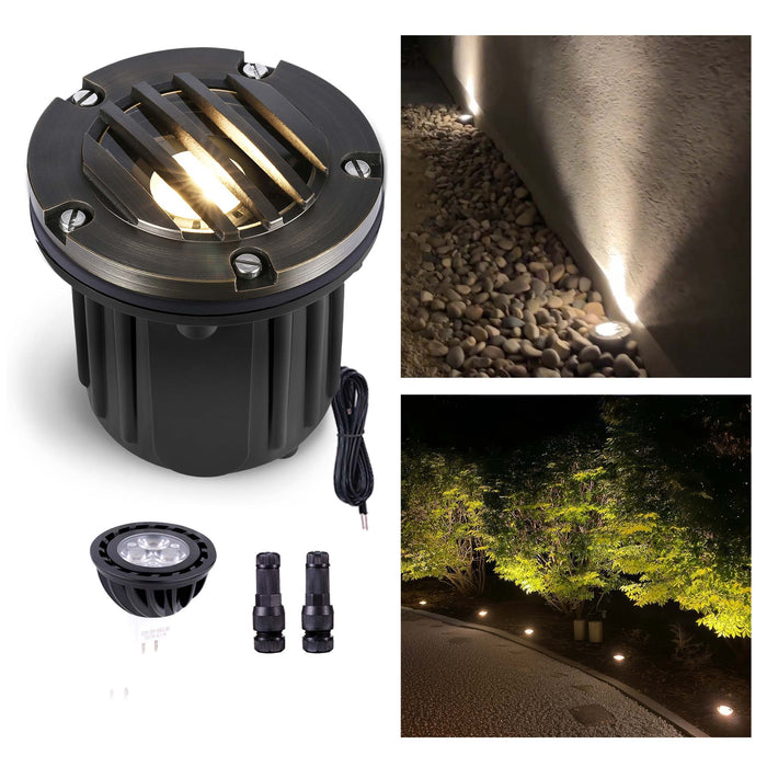 Gardenreet Brass In-ground Well Lights, Low Voltage IP65 Waterproof 12V LED Outdoor Landscape Lighting(Grated Top 2202B) - Sweatfully