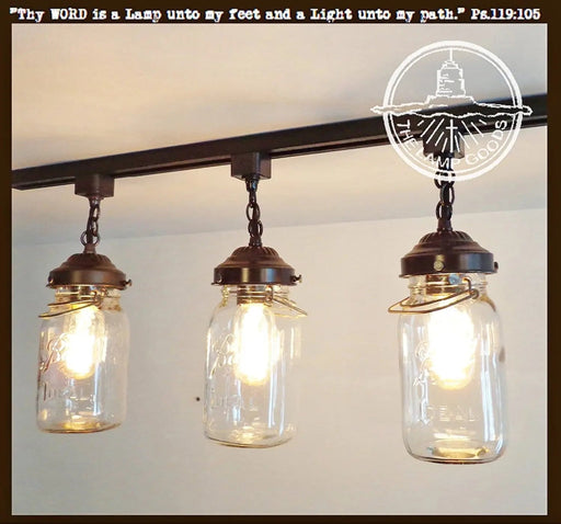 Rustic Mason Jar TRACK LIGHT Chain Trio of Vintage Quarts - Sweatfully