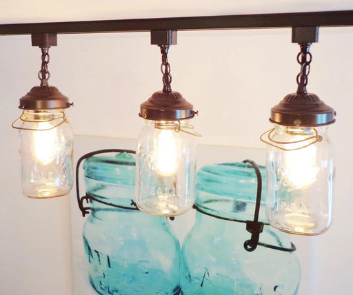Rustic Mason Jar TRACK LIGHT Chain Trio of Vintage Quarts - Sweatfully