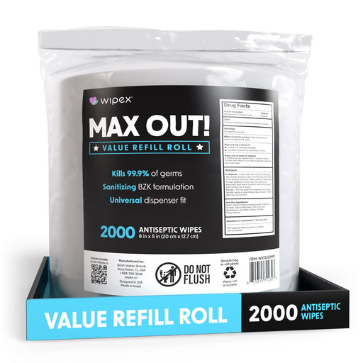 MAX OUT!® Economy 2000ct BZK Sanitizing Wipes Value Refill Roll – Lint-Free, Alcohol-Free - Sweatfully