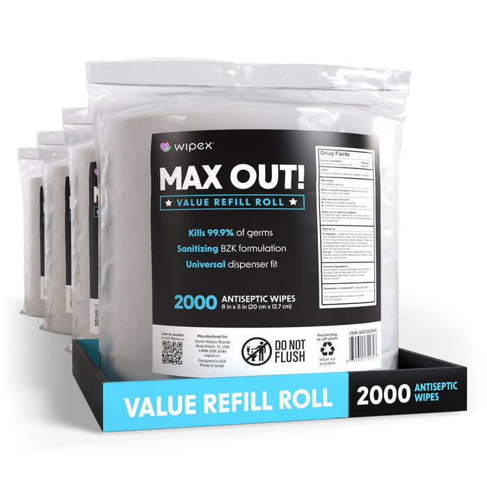 MAX OUT!® Economy 2000ct BZK Sanitizing Wipes Value Refill Roll – Lint-Free, Alcohol-Free - Sweatfully