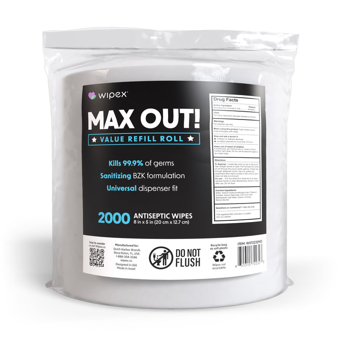 MAX OUT!® Economy 2000ct BZK Sanitizing Wipes Value Refill Roll – Lint-Free, Alcohol-Free - Sweatfully