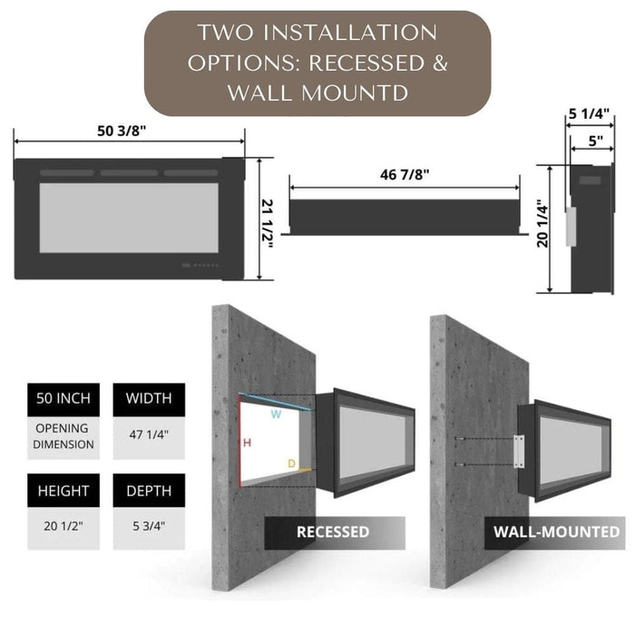 Modern Blaze Recessed / Wall Mounted Electric Fireplace with Multicolor Flame - Sweatfully
