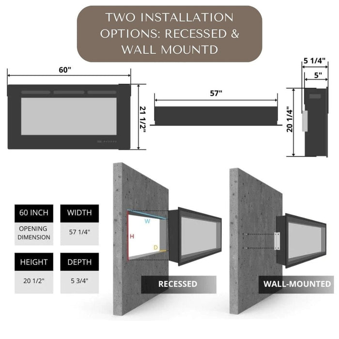 Modern Blaze Recessed / Wall Mounted Electric Fireplace with Multicolor Flame - Sweatfully
