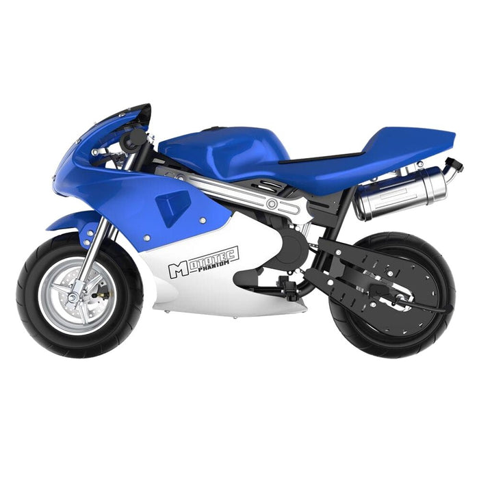 MotoTec Phantom 49CC Two-Stroke Gas Pocket Bike, Blue (96421375) - Sweatfully