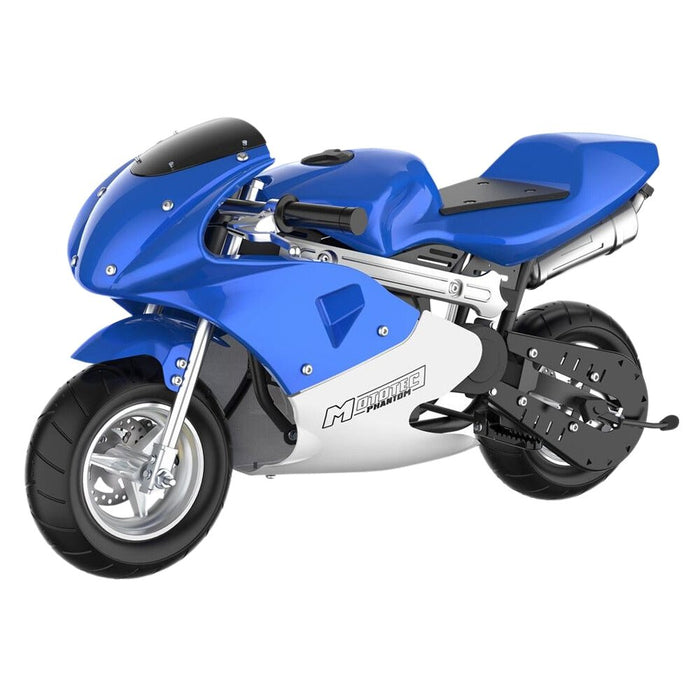 MotoTec Phantom 49CC Two-Stroke Gas Pocket Bike, Blue (96421375) - Sweatfully