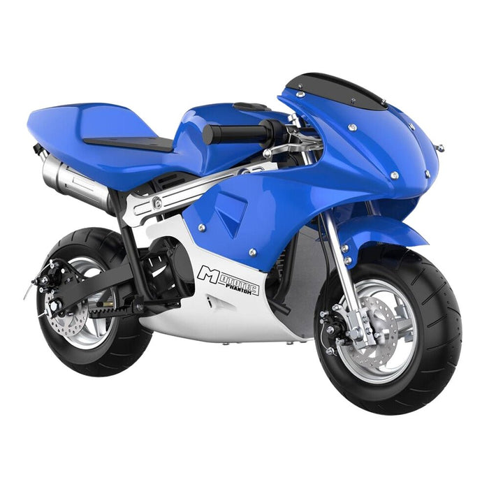 MotoTec Phantom 49CC Two-Stroke Gas Pocket Bike, Blue (96421375) - Sweatfully