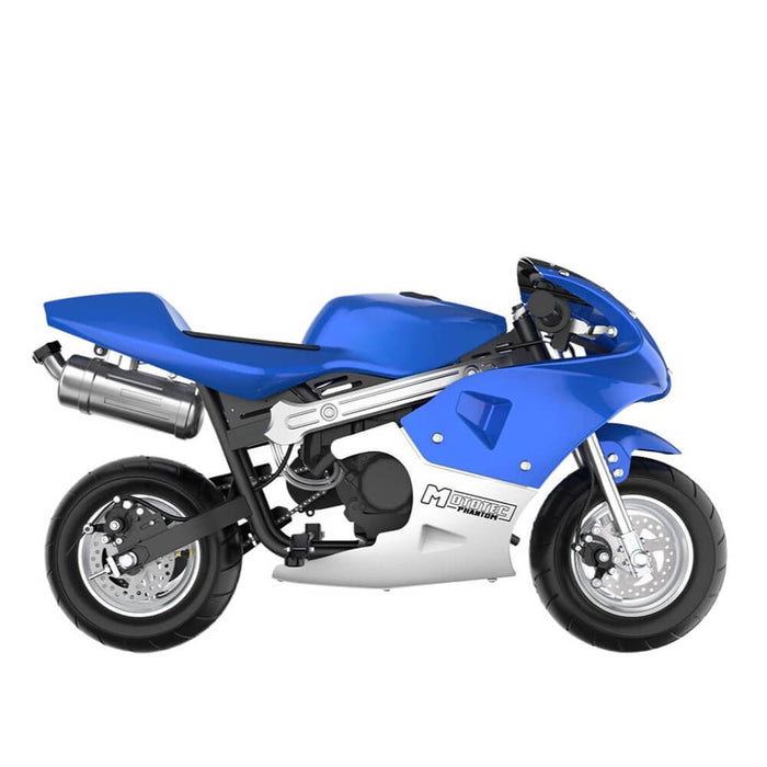 MotoTec Phantom 49CC Two-Stroke Gas Pocket Bike, Blue (96421375) - Sweatfully