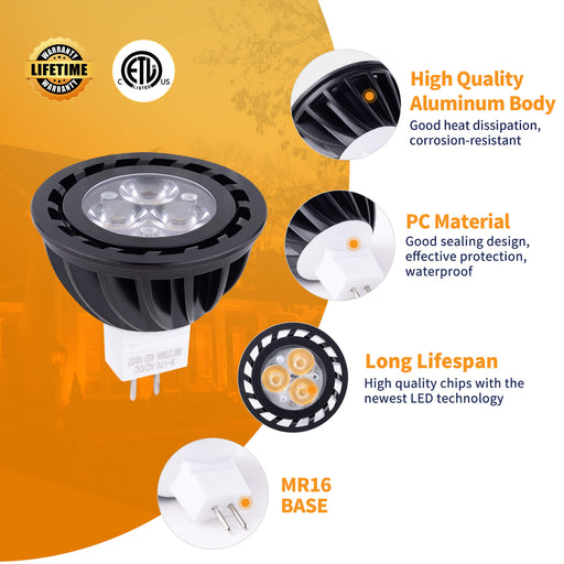 Gardenreet 5W Aluminum MR16 LED Bulb Dimmable, 2700K Warm White, AC/DC 12V Low Voltage, GU5.3 Bi-Pin Base, 450 Lumens 35W Halogen Equivalent, 45 Degree Spot night light bulb for Outdoor Landscape, Recessed, Track Lighting - Sweatfully