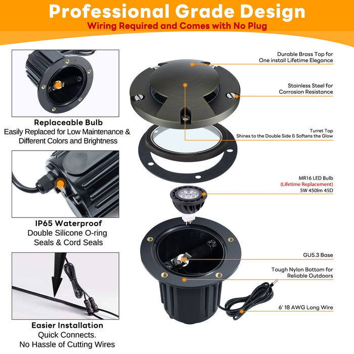 Gardenreet Brass In-ground Well Lights, Low Voltage IP65 Waterproof 12V LED Outdoor Landscape Lighting(Two-Direction Turret 2204B) - Sweatfully