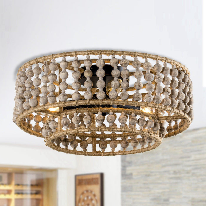 Farmhouse 3-Light Wood Beaded Flush Mount Ceiling Lights - Sweatfully