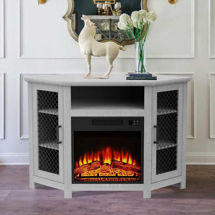 45" Corner Electric Fireplace TV Stands Console Table with 2 Metal Mesh Doors - Sweatfully