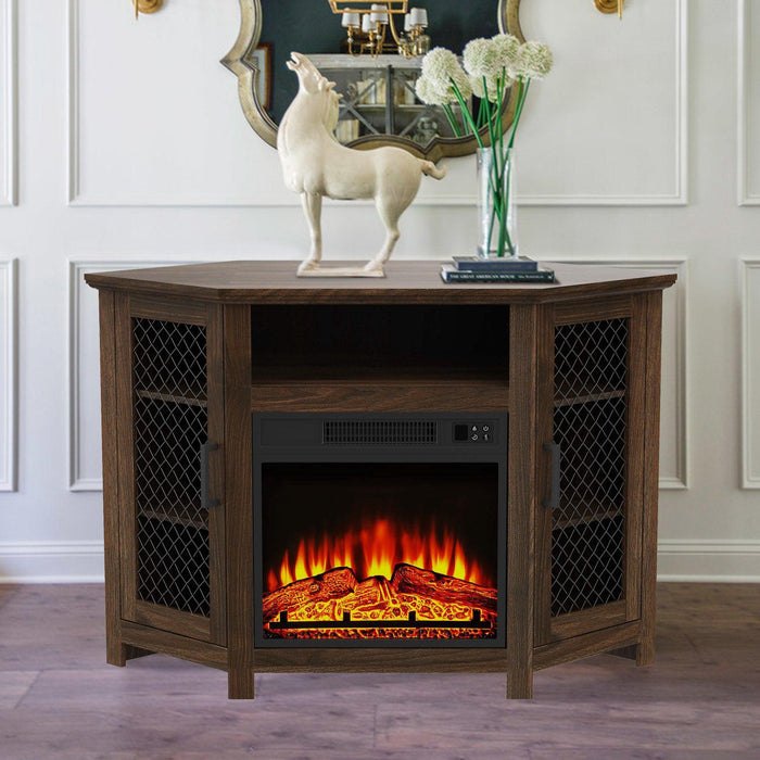 45" Corner Electric Fireplace TV Stands Console Table with 2 Metal Mesh Doors - Sweatfully