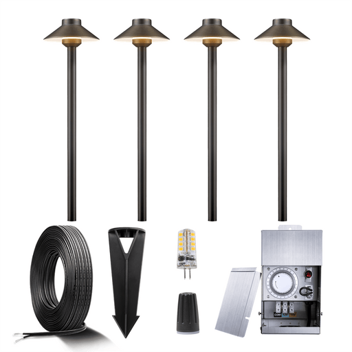 Gardenreet Brass Low Voltage Landscape Lighting Kit (4/6/8/12Pack Path Lights) 12V LED with Low Voltage Transformer,  Mechanical Timer, Wire, Connectors for Outdoor House Yard Patio Driveway Lighting (2401) - Sweatfully