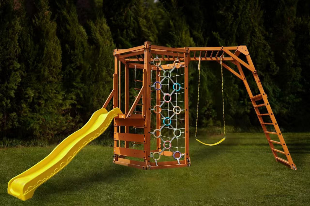 Avenlur Hawthorn XL Wooden Outdoor Playset – Slide, Swing, Climbing Wall & Monkey Bars | Backyard Playground Set for Kids - Sweatfully