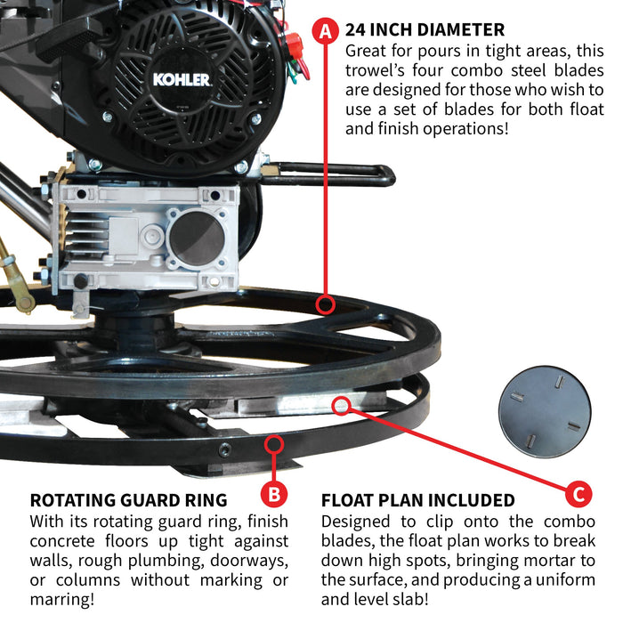 24" Concrete Power Trowel Edger 6HP Kohler Float Pan Blade Screed Finishing Tool - Sweatfully