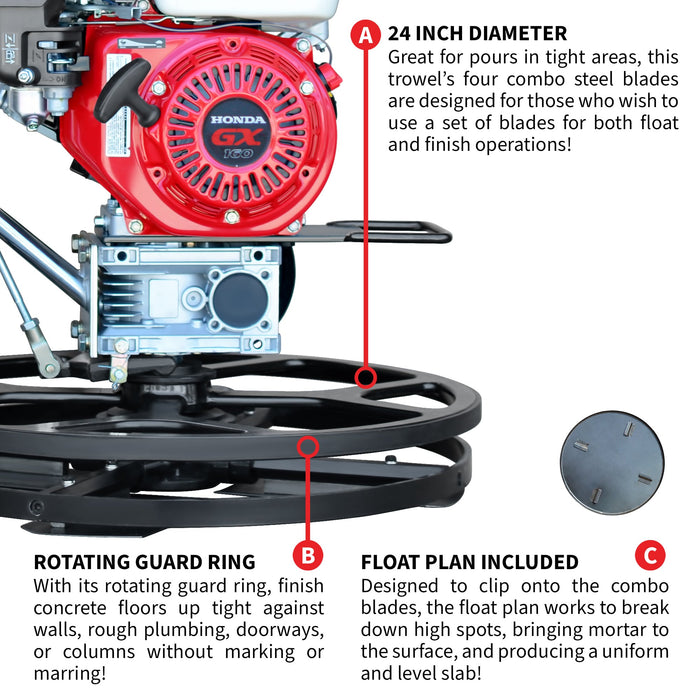 24" Concrete Power Trowel Edger 5.5HP Honda Float Pan Blade Screed Finishing Tool - Sweatfully