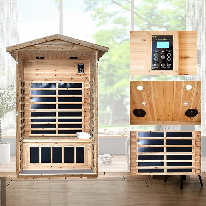 Premium 2-Person Indoor Outdoor Low EMF FAR-Infrared Hemlock Wood Personal Home Sauna Spa, 1750W (SAK27451) - Sweatfully