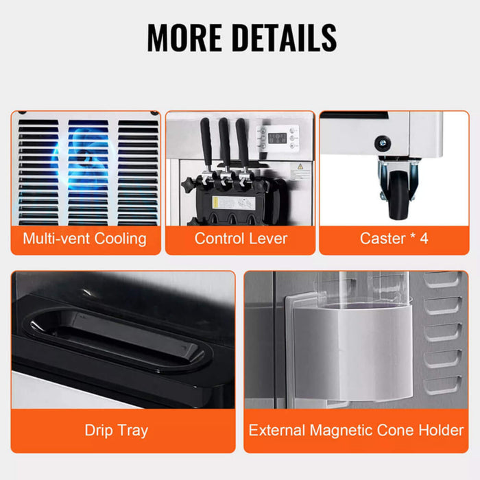 Premium Commercial 3-flavor Freestanding Soft Serve Ice Cream Machine Maker, 21-31 L/H (SAK21874) - Sweatfully