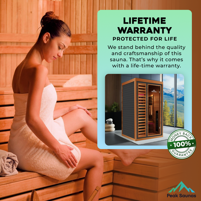 Peak Saunas Rainier 1-Person Indoor Full Spectrum Infrared Sauna with XL Medical-Grade Red Light Therapy & Smart WiFi App Control - Sweatfully