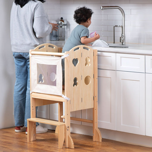 Laurel 4-in-1 Foldable Kitchen Tower, Step Stool, Slide & Chalkboard for Toddlers - Sweatfully